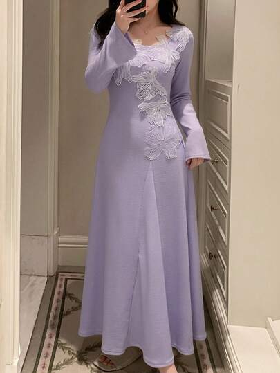 DAZY 花卉蕾丝拼接长袖收腰连衣裙，春季女装及睡衣