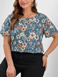 Reflora Spring Women's Khaki Base Printed Sleeve Double Ruffle Hem Plus Size Blouse, Elegant Daily Wear - Dusty Blue - View 5