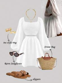 Cévolie 女士新款春夏休闲度假风针织白色褶皱无袖迷你连衣裙，侧边镂空设计，复古宽松喇叭七分袖低胸性感露背系带短裙，适合休闲度假、日常穿着、休闲聚会、约会等场合。 - 白色 - 查看 6