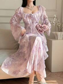 DAZY Spring Ruffled Hem Bridesmaid Wedding Guest Elegant Waist Midi Dress For Women Sundress - Purple - View 3
