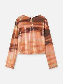 lacRébo Pink And Brown Gradient Sequin Cropped Sweater With Long Sleeves, Chic Fall-Winter Party Top Shiny Top Premium Sparky Top  New Year Party Outfits - Orange - View 10