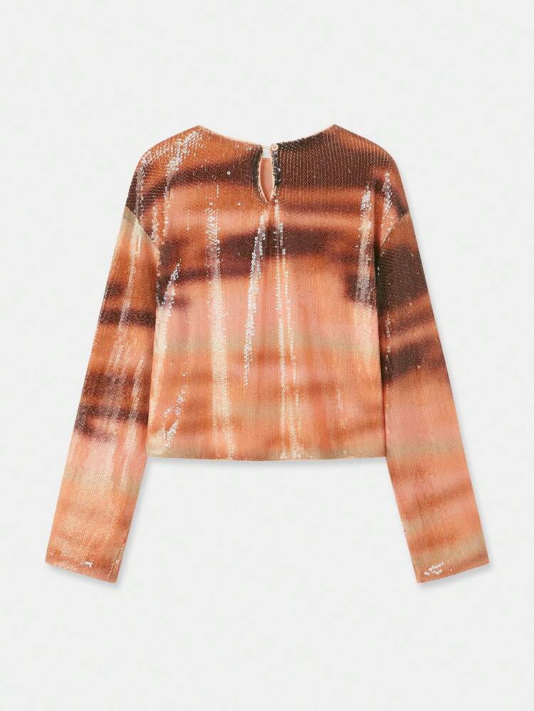 Pink And Brown Gradient Sequin Top With Long Sleeves, Chic Fall-Winter Party Top Shiny Top Premium Sparky Top New Year Party