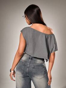 Radiana Women's Grey Summer Streetwear Club Night Asymmetric Shoulder Crop Top,Foil Graphic Metallic Hollow Out Decor Retro Distressed Vintage T-Shirt - Grey - View 5