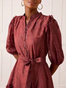 Lilora Đầm ngắn tay lửng xếp ly họa tiết jacquard thanh lịch dành cho nữ - Gỗ đỏ - Xem 5