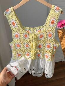 Comfortcana Multi-Color Crochet Floral Patchwork Ruffle Hem Front Tie Knit Vest - Multicolor - View 7