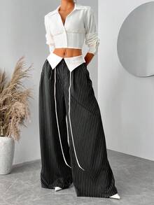 SHEIN SXY Quần kẻ sọc cạp cao màu đỏ cỡ lớn cho nữ, phù hợp mặc hàng ngày, công sở, đơn giản, đi làm, thanh lịch, giản dị, mua sắm, dạo phố, đi chơi, đơn giản và đa năng, dễ phối đồ và trông thon gọn, tôn dáng, tôn dáng, xuân/hè - màu đen - Xem 7