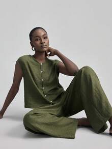 Ontre 2026SS New Arrival Spring/Summer Women's 2-Piece Set, Military Green, V-Neck Sleeveless Blouse & Relaxed Fit Pants, Comfortable Woven Fabric, Modern Urban Chic Business Casual Office Wear - Army Green - View 2
