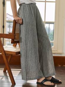 Dazy-Less Women's Casual Striped Print Loose Wide Leg Pants, Suitable For Vacation, Daily Commute Summer - Grey - View 7