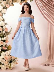 SHEIN Pitira 浅蓝色少女提花露肩优雅连衣裙 - 淺藍色 - 查看 2