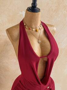 Soleia 新款休闲度假西部海滩婚礼宾客礼服毕业早午餐女装，适合圣帕特里克节、春假、复活节、音乐节等场合，优雅波西米亚热带风情露背金属串珠纹理连体裤 - 酒紅色 - 查看 5