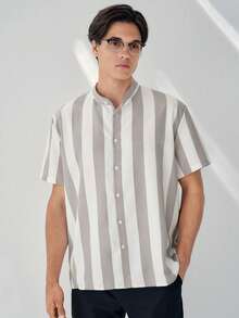 RONVEXI Men's Casual Commuter Striped Short Sleeve Shirt, Summer - Grey - View 4
