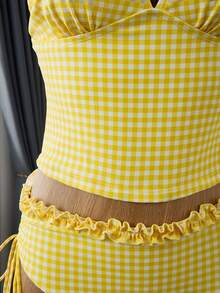 Swim Vcay Summer Women's Tankinis 2-Piece Set, Coffee Plaid Print Ruffle Halter Neck Tie Top, Drawstring Ruched Bikini Bottom Swimsuit - Yellow - View 5