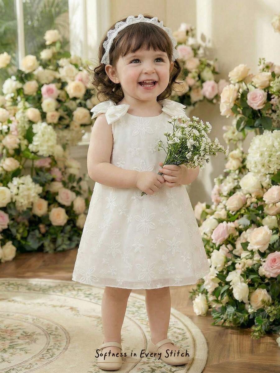 Cozy Pixies 女婴可爱优雅白色刺绣立体花朵蝴蝶结无袖连衣裙，夏季 - 粉色 - 查看 1