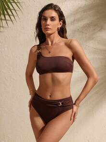 Swim Chiccia Bộ đồ bơi nữ màu trơn, chất liệu vải có họa tiết, thiết kế bất đối xứng vai, điểm nhấn kim loại, gợi cảm, thích hợp cho bãi biển và kỳ nghỉ. - màu nâu - Xem 3