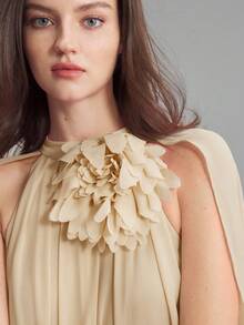 Ontre 斯德哥尔摩风格，女教师套装，秋季女装，女士雪纺3D立体花卉装饰荷叶边领连衣裙，派对晚礼服，婚礼季正式礼服，优雅高贵的女士服装 - 卡其色 - 查看 6