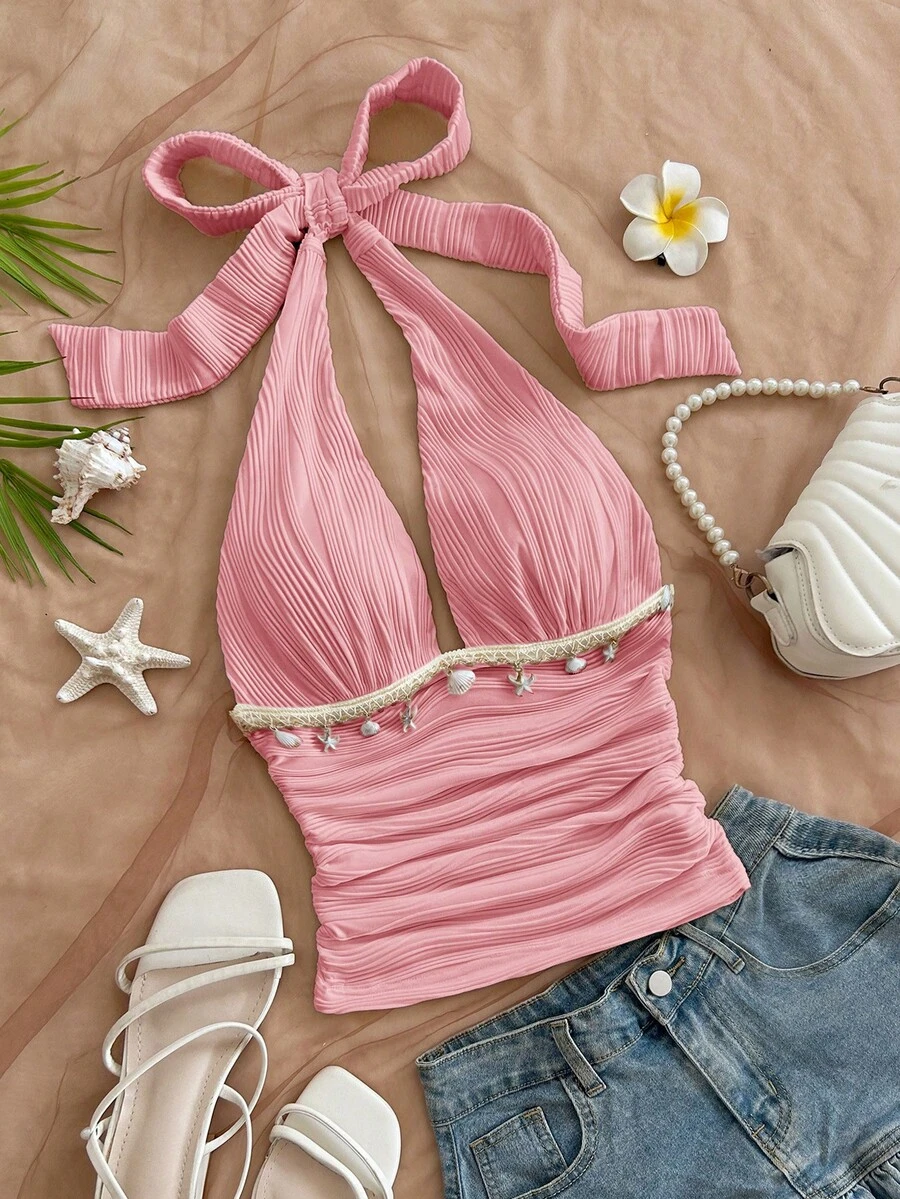 Soleia Women's Solid Color Halter Tie Ruched Sexy Versatile Casual Top,Pink Top - Pink - View 1