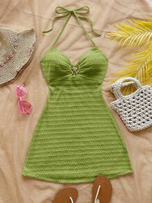 Soleia Robe mini texturée à col V sexy avec décoration en métal en forme d'étoile de mer, dos nu. Convient pour les vacances, les rendez-vous, le thé de l'après-midi, les vacances, les festivals de musique, le style bohème - Vert - Voir 4