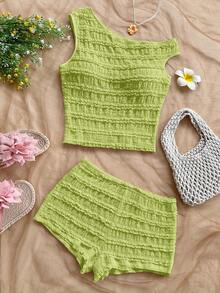 Soleia 女士春夏度假两件套：红白条纹针织不对称露肩短款上衣和超低腰紧身短裤，适合派对、圣诞节、情人节、约会、海滩、邮轮、嘉年华、复活节等场合。 - 綠色 - 查看 3