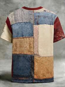 SHEIN 男士修身字母十字印花撞色圆领短袖T恤 - 彩色 - 查看 2