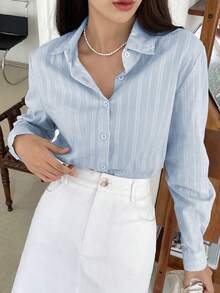 DAZY Camisa de mujer de manga larga con cuello vuelto, suelta y lisa, blusa, ropa de otoño - Azul - Ver 1