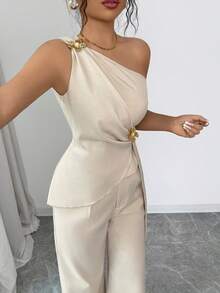 Selianne Set de 2 piezas con parte superior sin mangas de hombro asimétrico y falda para mujeres - Albaricoque - Ver 5