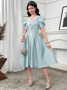 SHEIN Teen Girls Green Satin Gigot Sleeve A-Line Party Evening Dress - Green - View 5