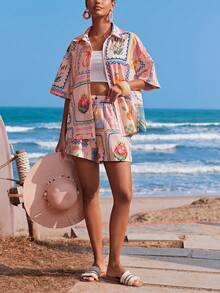 Travachic 2026 New Tropical Fruit Print Shirt And Shorts 2 Pieces Set, Women Summer Vacation Casual - Multicolor - View 4