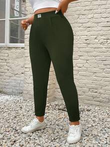 SHEIN PETITE CURVE 大码休闲高腰锥形裤 - 綠色 - 查看 3