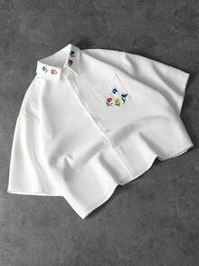 PAVTROS Herenoverhemd met verlaagde schouders, korte mouwen, knoopsluiting aan de voorkant, losse pasvorm, zomer, Valentijnsdag, lente/zomer, cadeau voor mijn vriend, Mardi Gras, vintage, streetwear, feest, St. Patrick's Day, uitgaan, veelkleurig geborduurd bloemenpatroon, cardigan van gestructureerde stof, kort overhemd voor mannen - Wit - Bekijken 7