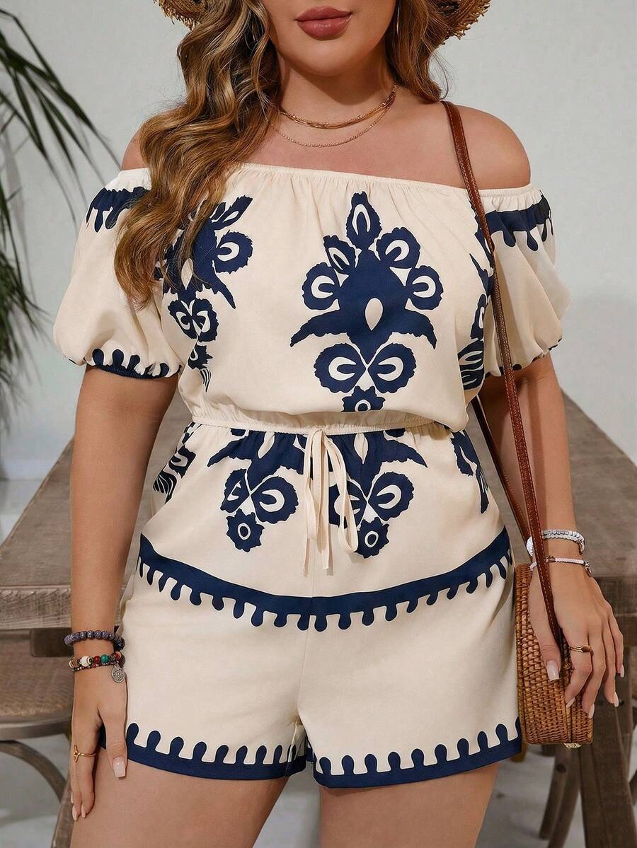 SHEIN VCAY Mono de hombros descubiertos minimalista y estampado para uso diario en tallas grandes - Azul - Ver 1