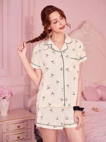 Bonmuse 2er Damen bequemer Mini-Pyjama-Set mit Polka-Dot-Schleifendruck, Kurzarm-Top mit Kragen und Knöpfen sowie Schleifen-Shorts, Sommer-Schlafanzug und Loungewear für den Sommer - Weiss - Übersicht 4
