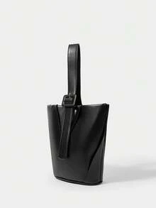 SHECARRY Tas Tangan Ember Anyaman Minimalis untuk Wanita - Hitam - View 3