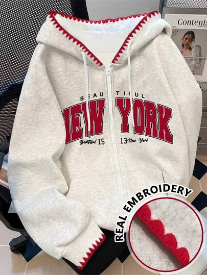 Resyla Plus Size Y2K Sweatshirt Jacket, Retro American New York Chic Plus Size Sweatshirt, Fashionable Distinctive Autumn/Winter Plus Size Women Sweatshirt Jacket