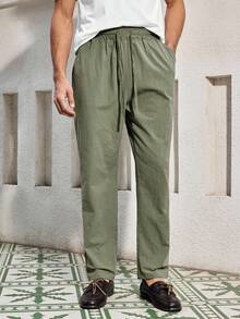 Mercer Haus Men's Breathable Thin Linen Loose Casual Sports Pants, Suitable For Beach, Spring/Summer , Suitable For Summer Tropical Holiday Vacation In Hawaii. - Army Green - View 4