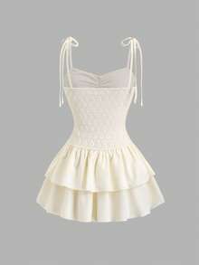 Sweetra Spring & Summer Sweet Girl Textured Camisole Tie-Up Jacquard Fabric Pleated Bustier Patchwork Double-Layer Ruffle Hem Women White Dress - Yellow - View 2