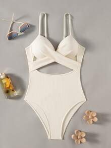 Swim Basics 白色可愛夏季度假海灘連身泳衣，奶油色紋理交叉鏤空細肩帶度假泳裝，修身顯身材極簡風 - 杏色 - 查看 4