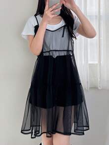 Top de tirantes casual de mujer con parche de malla y lazo a cuadros, para el verano - Negro - Ver 4