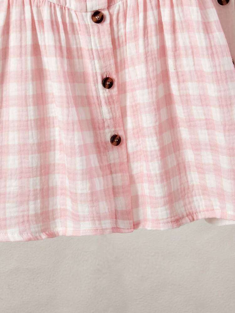 SHEIN 女婴格子印花圆领纽扣前开襟休闲短袖连衣裙 - 彩色 - 查看 3