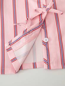 SHEIN Casuvi Kids 2件套 少女无袖条纹编织背心，蝴蝶结装饰，松紧腰宽松休闲短裤，夏季 - 粉色 - 查看 9