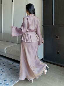 Dazy Plus 大码女式亮片V领装饰长袖上衣和宽松长裙两件套，适合派对和宴会，春秋季穿着。 - 紫色 - 查看 5