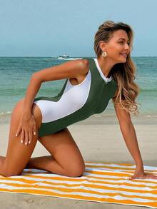Swim SPRTY Women's Contrast Color Patchwork Round Neck Sleeveless Zipper Decor One-Piece Swimsuit, Suitable For Beach & Holiday - Green - View 3