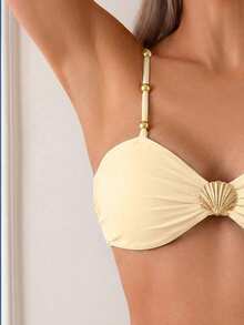 Swim Chiccia 2025 Spring/Summer Women's Elegant Vacation Metal Shell Buckle Beaded Strap High Waist Tummy Control Brown Bikini Set - Apricot - View 3