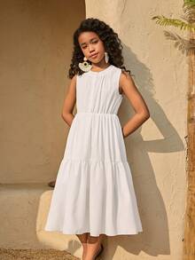 Elegant White Summer Sleeveless Dress For Tween Girls,Wedding Party Simple Full Skirt With Button Details,Perfect For Vacation & Everyday Wear - White - View 5