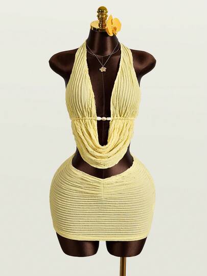 Zestiva Women's Summer Beach Solid Color Textured Fabric Sleeveless Backless Halter Beaded Ruched Bodycon Mini Skirt Sexy Clubwear 2-Piece Set,Vacation Outfits Women