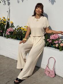 GalTyme 大码纯色圆领短袖上衣和斜插口袋休闲裤两件套 - 杏色 - 查看 4