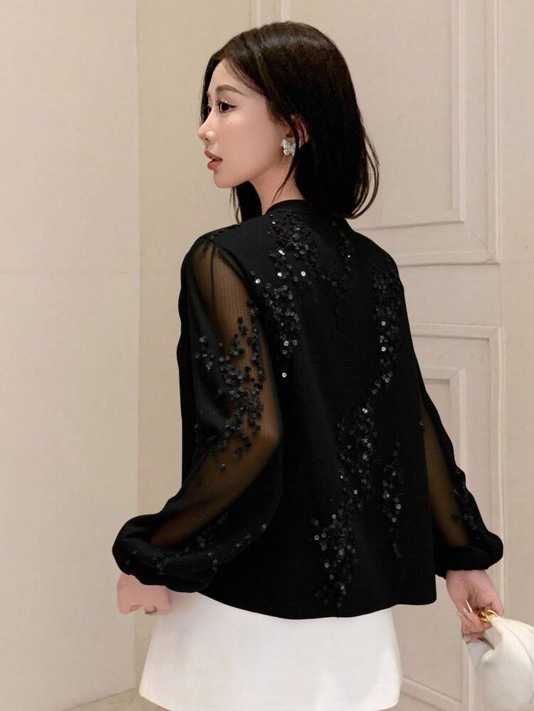 Sequin Pleated Fabric Elegant Tie-Front Long Sleeve Blouse For Women, Summer