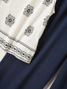 Rusticease Women's Geometric Print Sleeveless Top And Wide Leg Pants 2 Pieces Set, Casual Vacation Style, Spring/Summer Outfits  Party Outfit Elegant Sets Casual Graphic Sets For Women Sleeveless Patterned White Top And Navy Blue Trousers Party Outfit Vacation Outfits Women 2 Piece Casual Sets Casual 2 Piece Set Women Women Clothing Sets Summer 2 Piece Sets - Multicolor - View 5