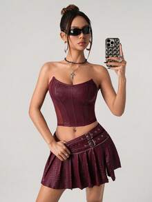 SHEIN ICON Women's Solid Color Fashionable Bandeau Top, Short Fitted Ribbed Design - Burgundy - View 3