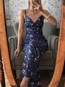 SHEIN Floral Print Front Tie V-Neck Camisole & Pants Women Pajama Set - Navy Blue - View 3