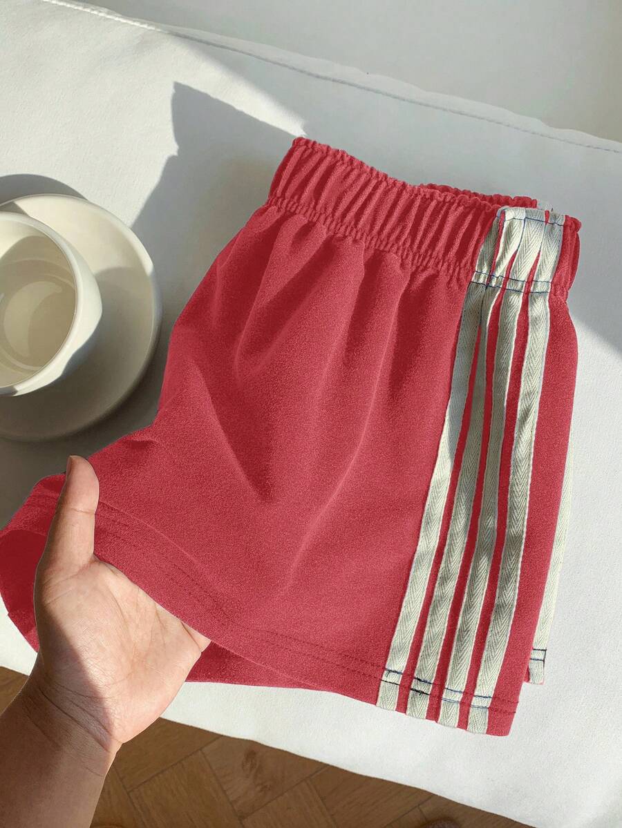 Comfortcana Red Vintage Washed Knit Women's Wide Leg Casual Shorts Stripe Shorts Comfy Shorts For Women Red Shorts Women Summer Shorts - Red - View 1